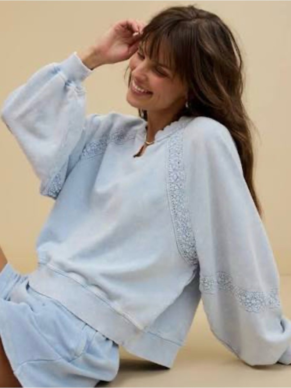 Aerie Hey Crochet sweatshirt  Light Blue Lace-Trim Balloon Sleeve Top